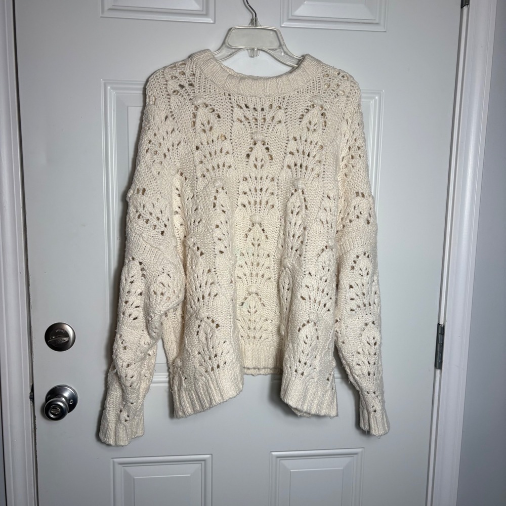 Aerie Oversized Pointelle Knit Sweater XL Cream Ivory Crochet Boho Pullover
